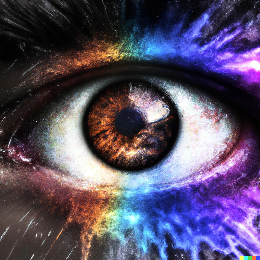 Prompt: A human eye which is also a black hole to an alternate universe, realisms very detailed colour explosion 