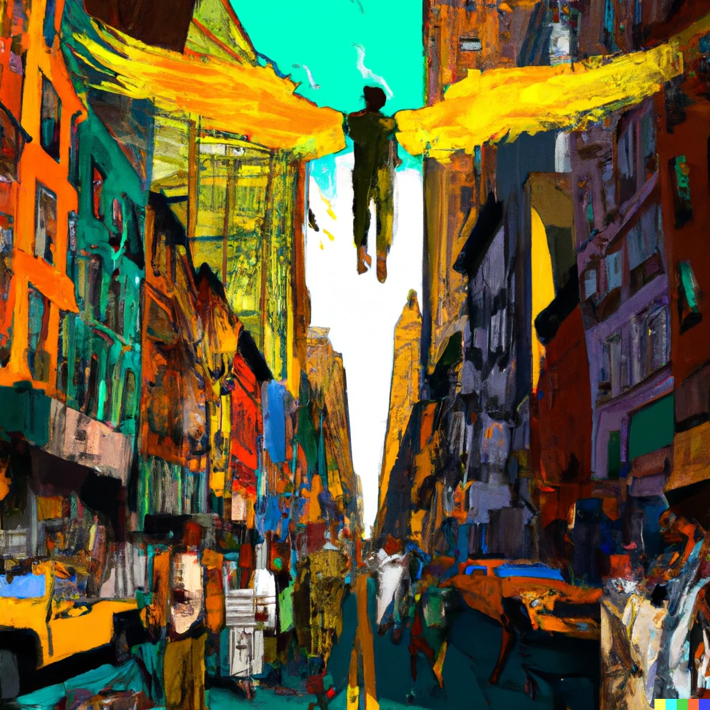 Prompt: street of new york with a lot of people, there is a man flying with his wings with a yellow aura, digital art