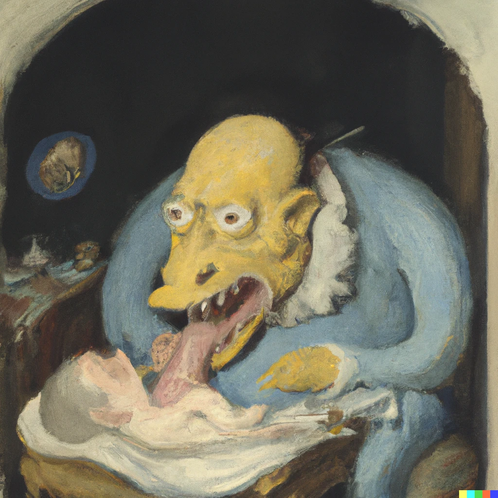 Prompt: "Homer Simpson devouring his son" by Francisco de Goya
