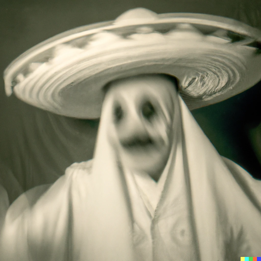 Prompt: a 1930 photography o a ghost with a mexican hat