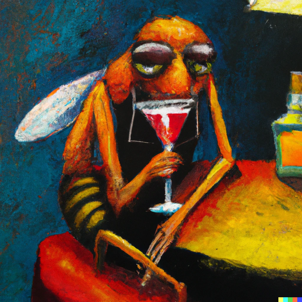 Prompt: An oil painting of an old and haggered bee drinking a negroni in a jazz bar