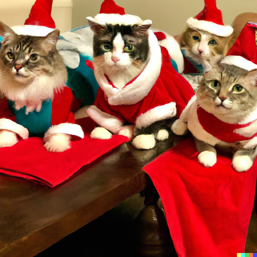 Prompt: Cats in Christmas costumes attending a Christmas party.