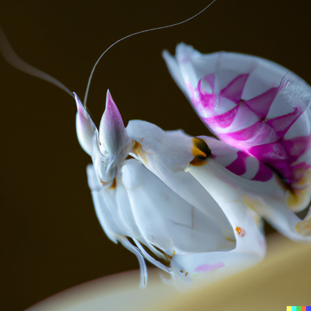 Prompt: high-resolution macro photography of bio-mechanical orchid mantis