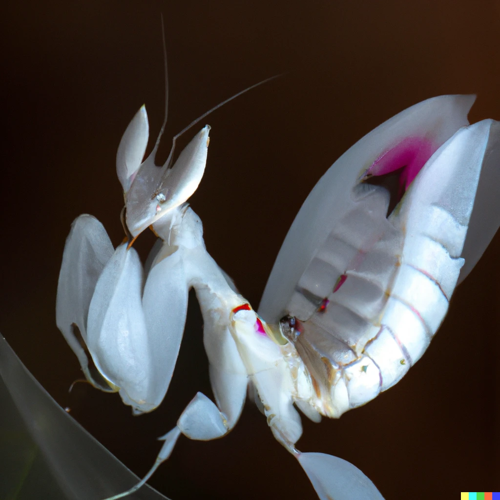Prompt: high-resolution macro photography of bio-mechanical orchid mantis