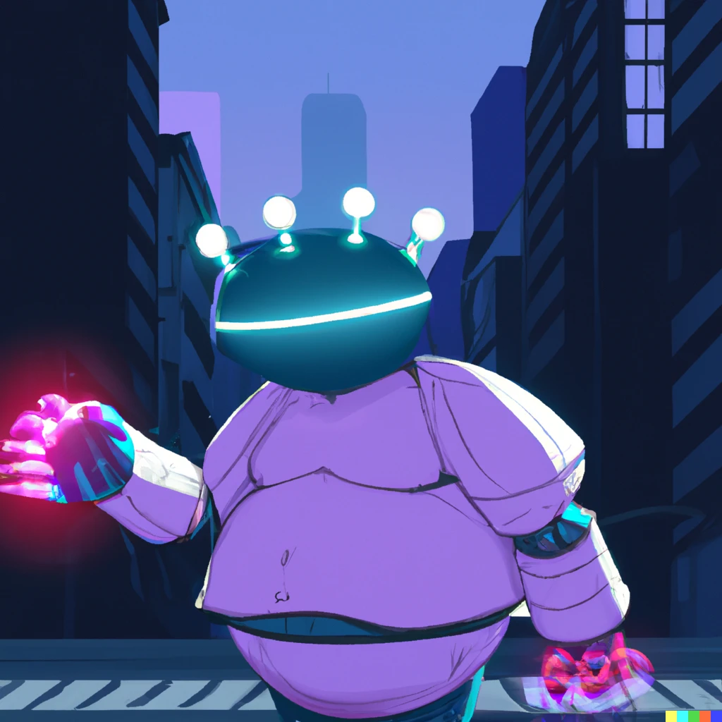 Prompt: You are oinkydinks, a cyborg living in the the futuristic city of Zail. You have a bionic arm and a holoband. You're walking down the dark city streets while neon lights flash brightly above you.