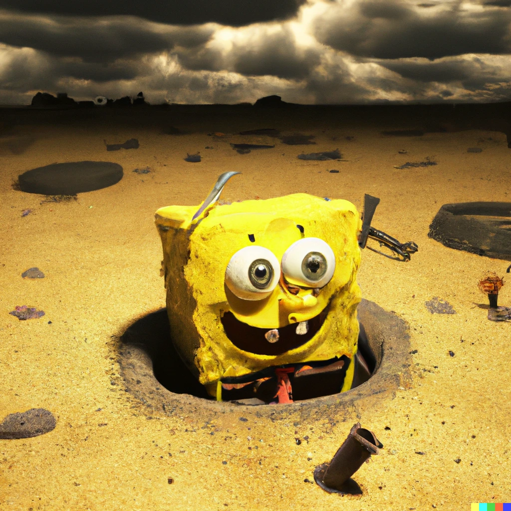 Prompt: 3D render of spongebob in apocalypse