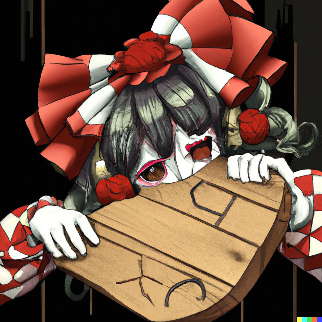 Prompt: A japanese dark style moe illustration of back of Reimu Hakurei of touhou project curving a clown mask from a lumber