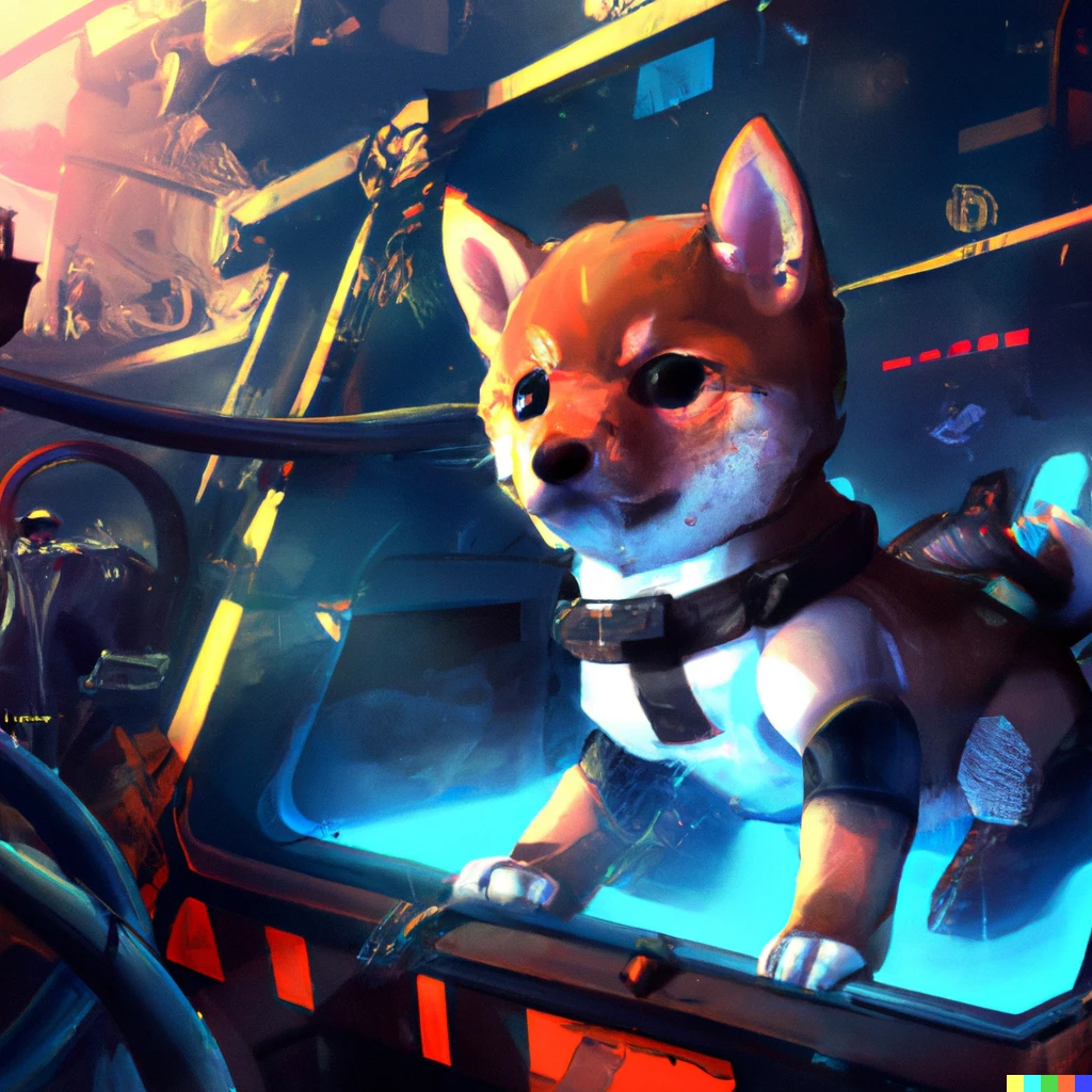 Prompt: A shiba puppy piloting a mech, cyberpunk, digital art