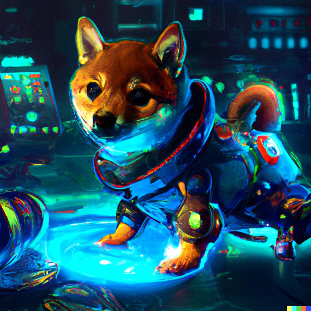 Prompt: A shiba puppy piloting a mech, cyberpunk, digital art