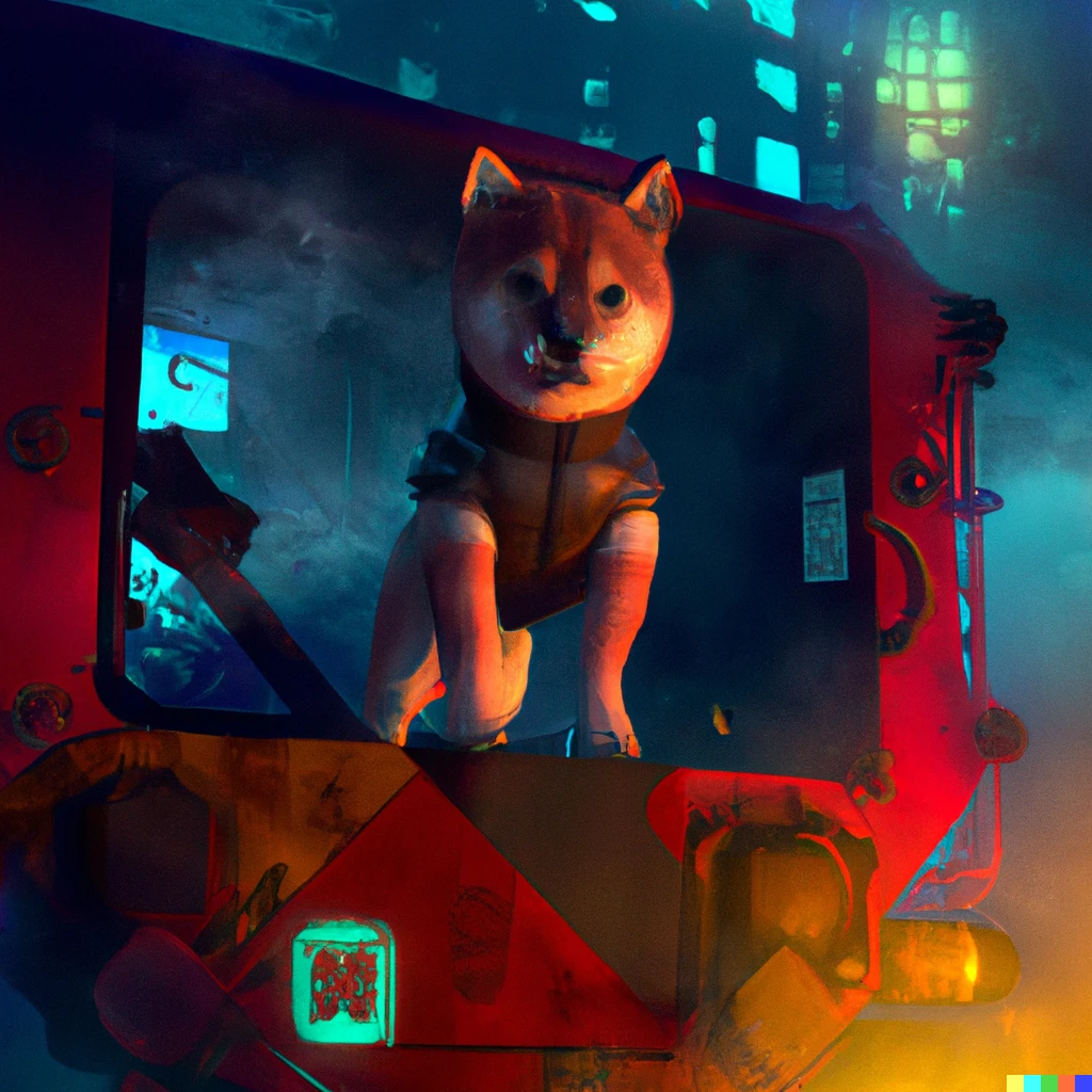 Prompt: A shiba puppy piloting a mech in a smoky street, cyberpunk, digital art