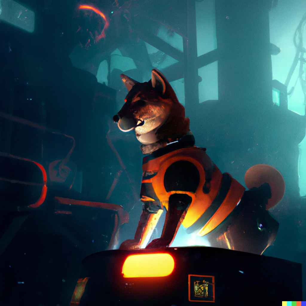 Prompt: A shiba puppy piloting a mech in a smoky street, cyberpunk, digital art