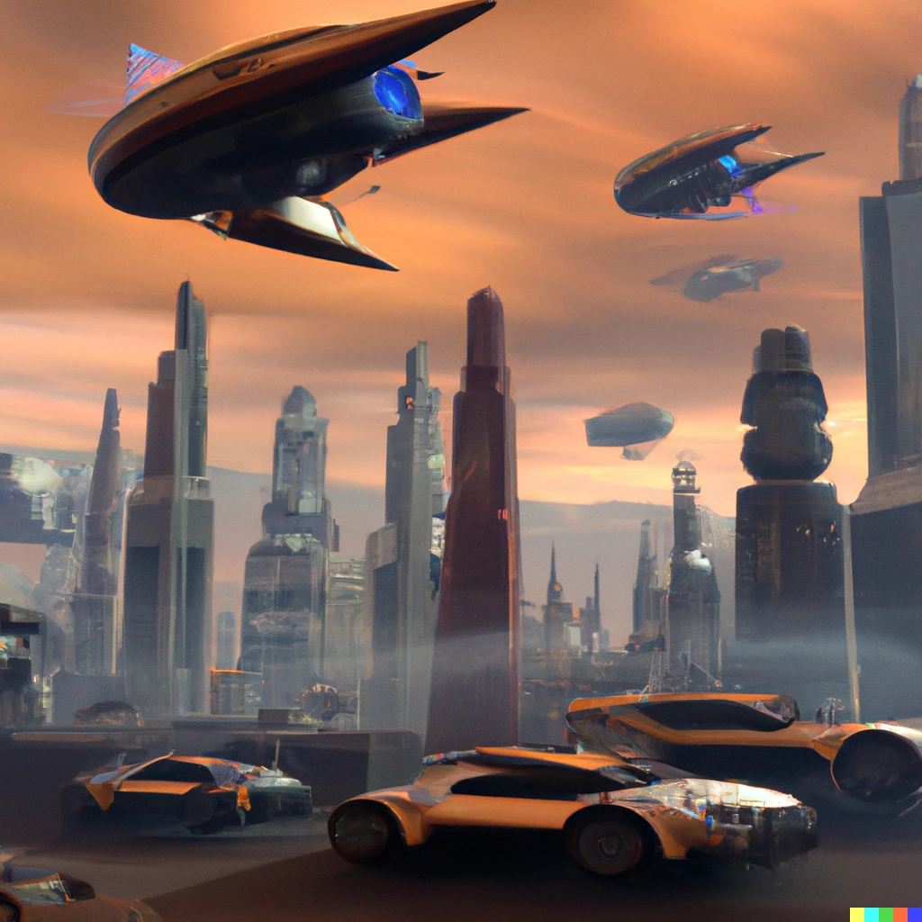 Prompt: a realistic image of a futuristic city view with flying cars and skyscrapers
