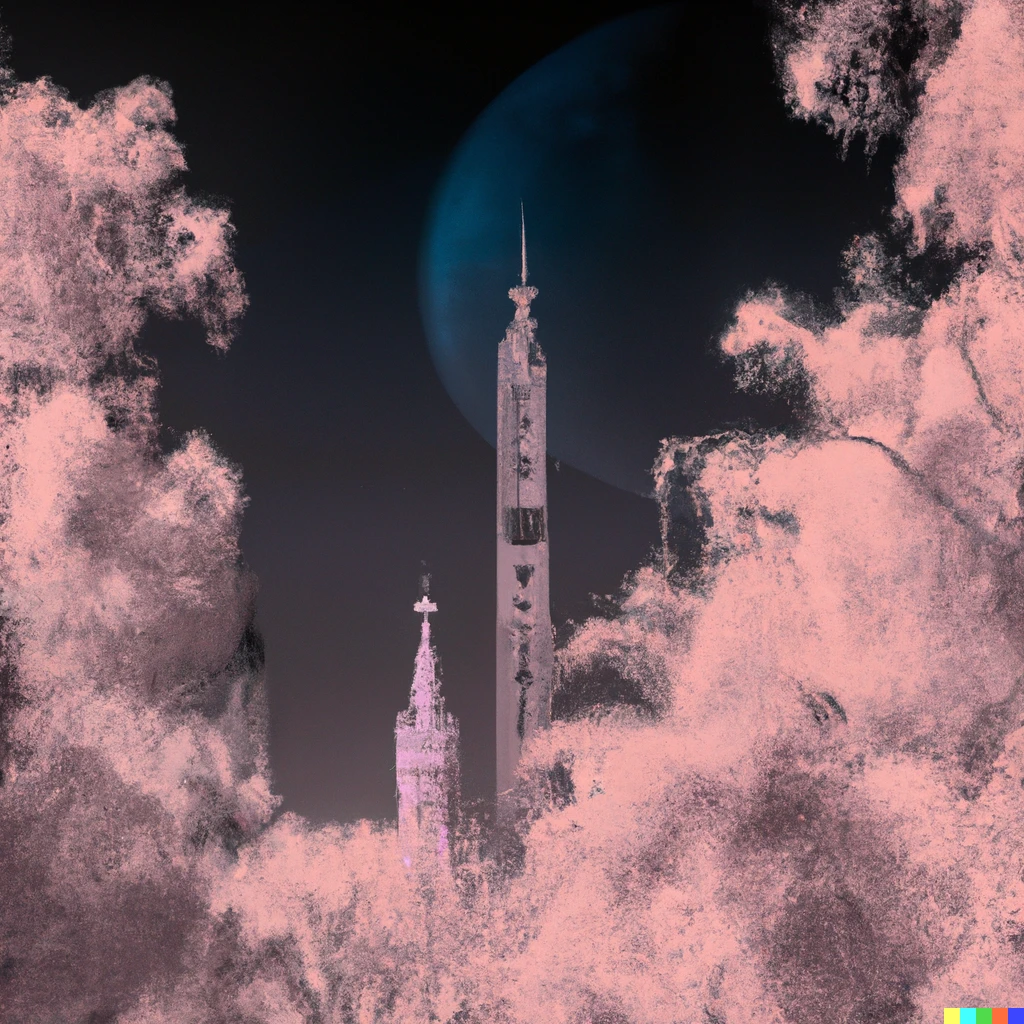 Prompt: infrared photography style surreal forrest with a giant fantasy arabic style city Carcosa with impossibly tall towers that extend behind the giant full moon