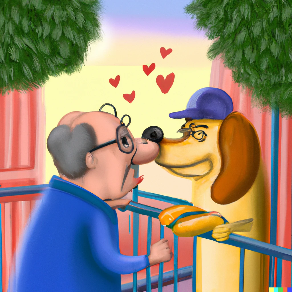 Prompt: a beautiful hot dog romance between two eldery neighbours