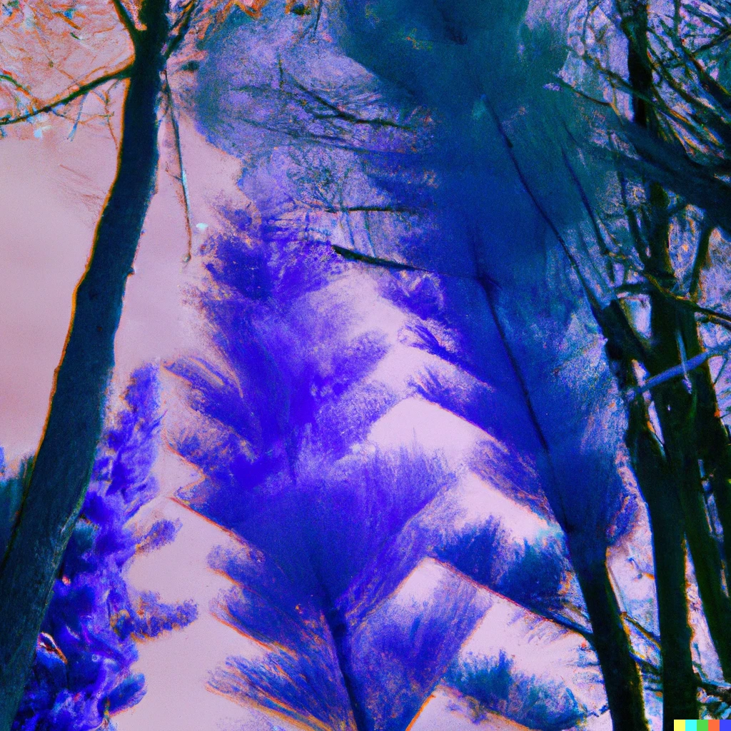 Prompt: Vapowave infrared photograph of trees