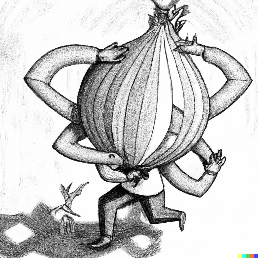 Prompt: a humanoid onion catching a pokemon, in the style of mc escher