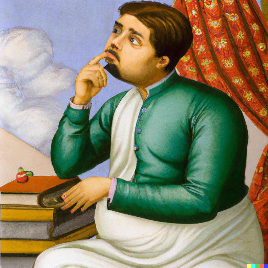 Prompt: A rotund young teacher worrying about the state of education; satire; mughal painting
