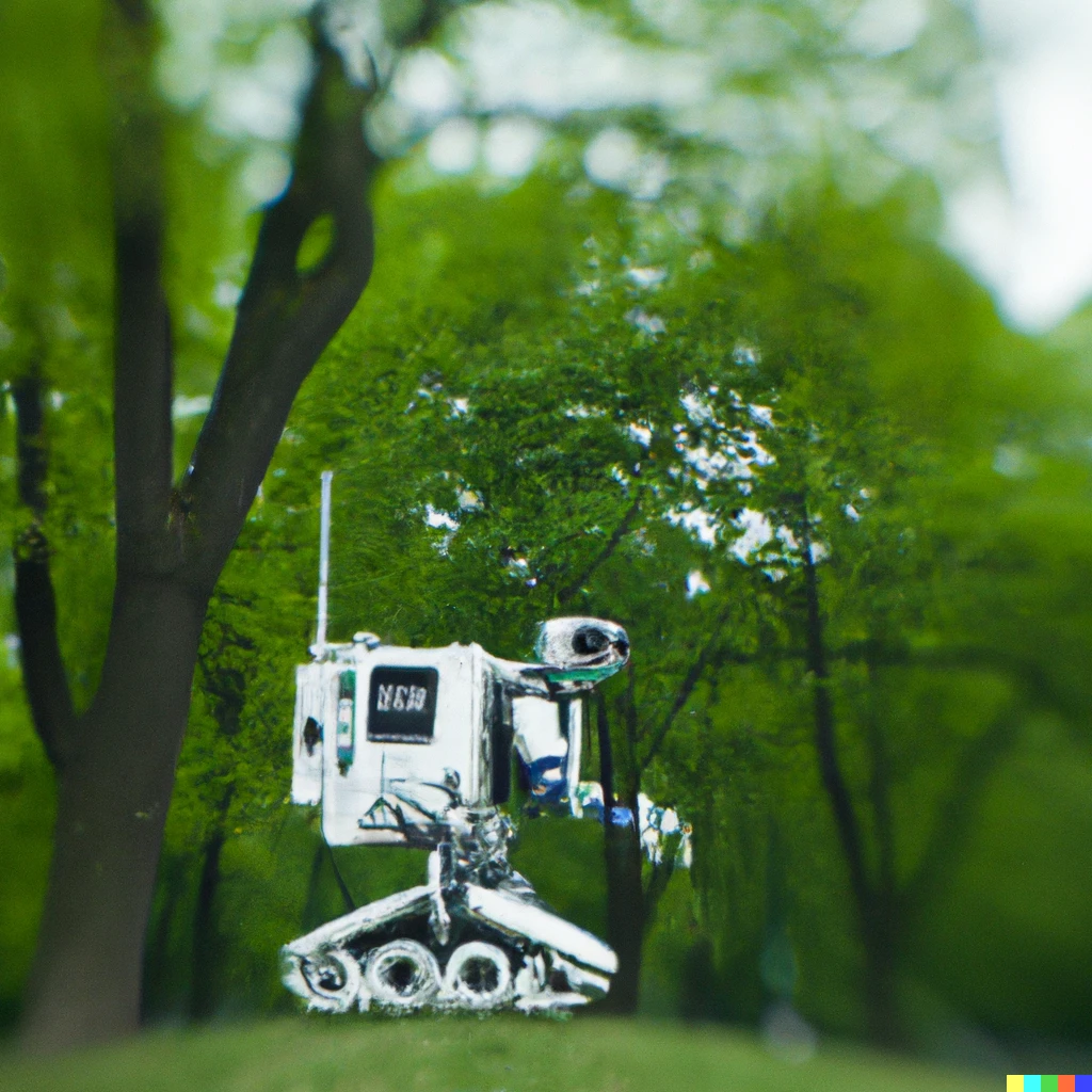 Prompt: cute little satellite robot exploring a park; tilt-shift photo
