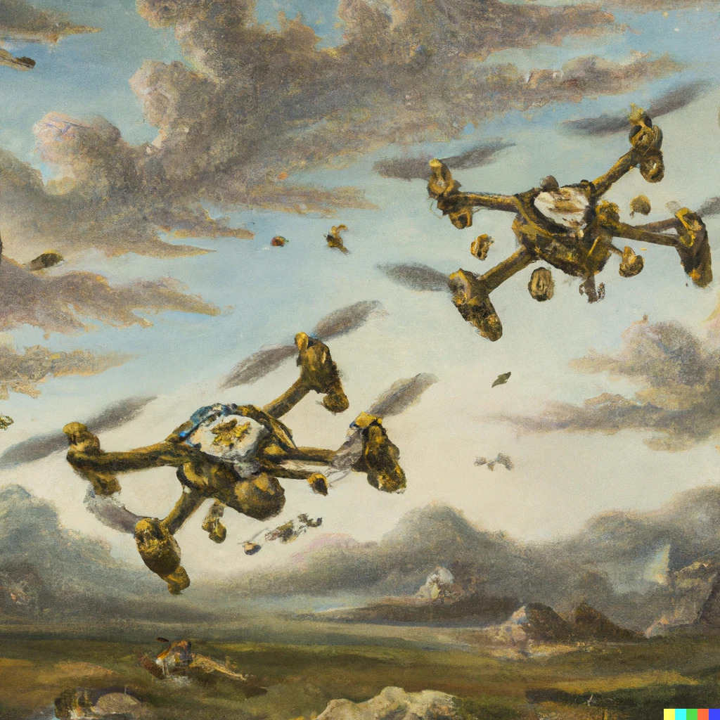 Prompt: An 17th century oil painting about 2 Dji Mavic drones doing dogfight in the sky