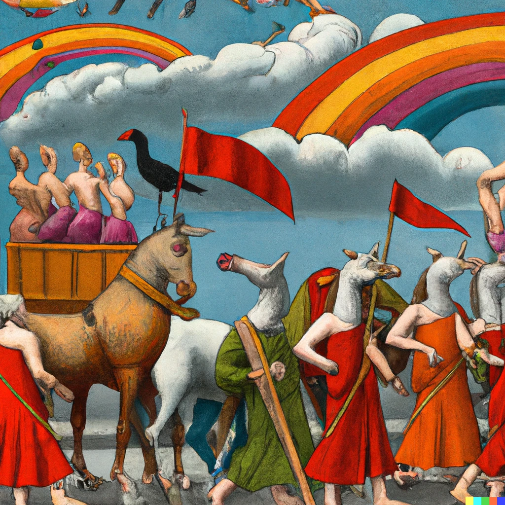 Prompt: A pride parade. Hieronymus Bosch painting.
