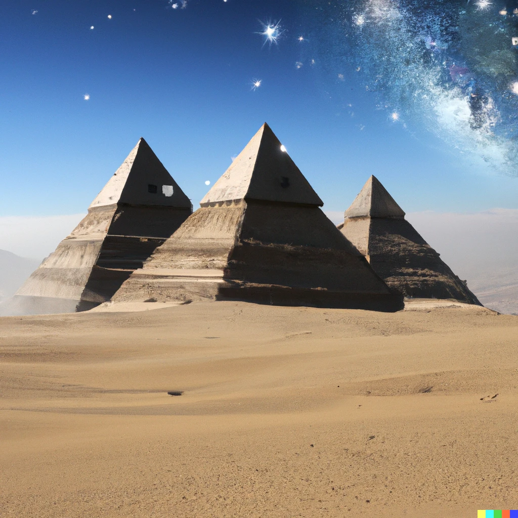 Prompt: Photo of Kairo pyramids in sand desert but they are space ships