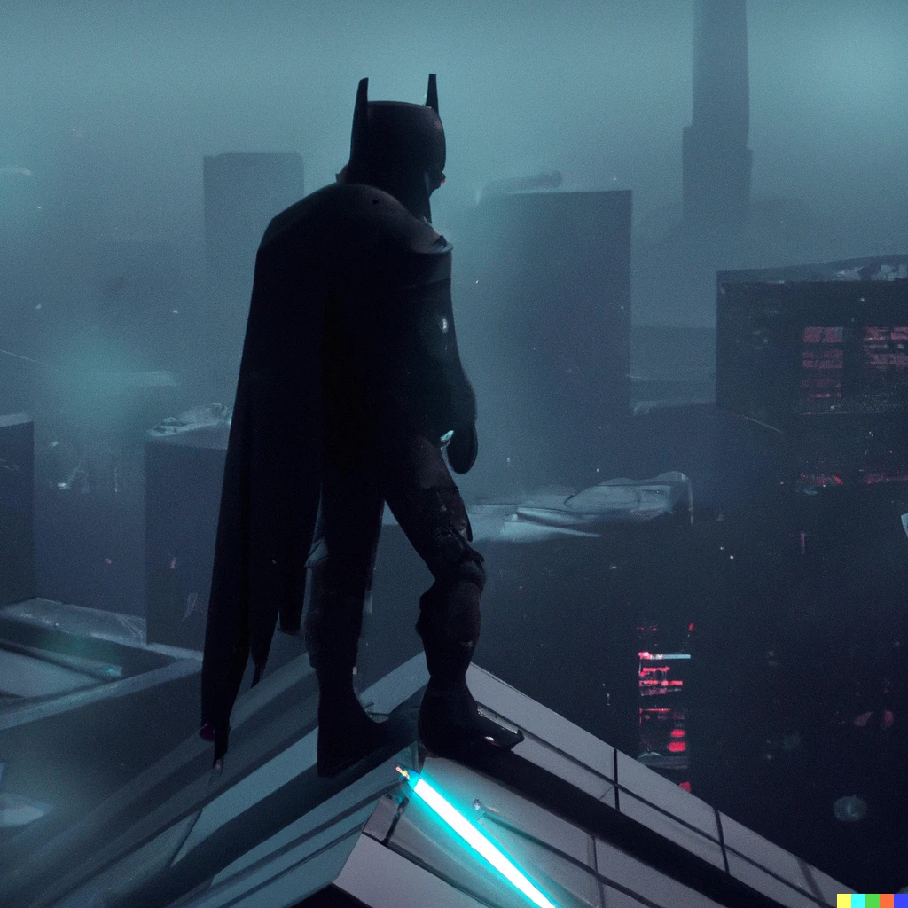 Prompt: Epic scene of Batman in Darth Vader costume looking down from roof of a building in cyberpunk city. Digital art.