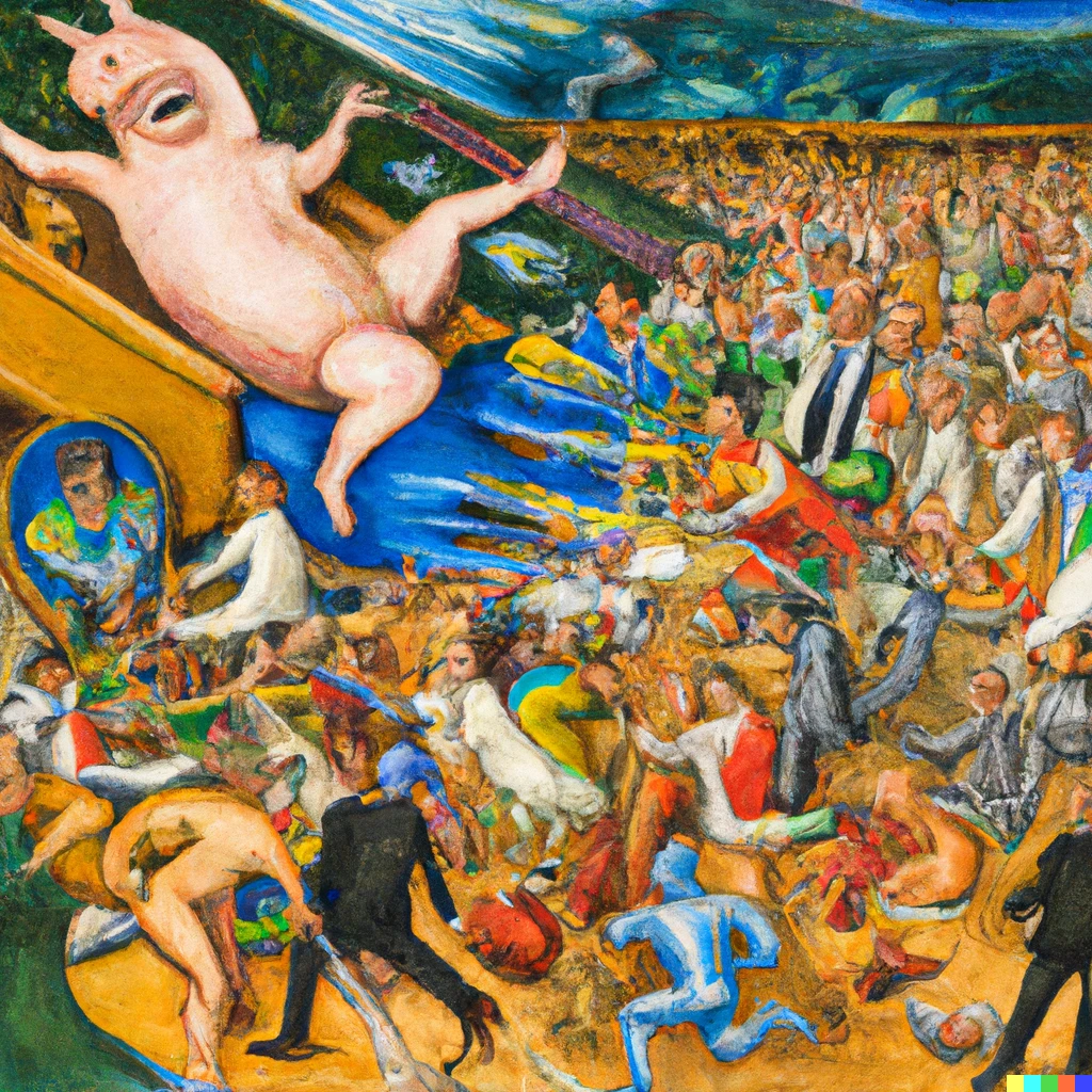Prompt: Chaos at UN general assembly meeting when a streaker runs in. A Hieronymus Bosch painting.