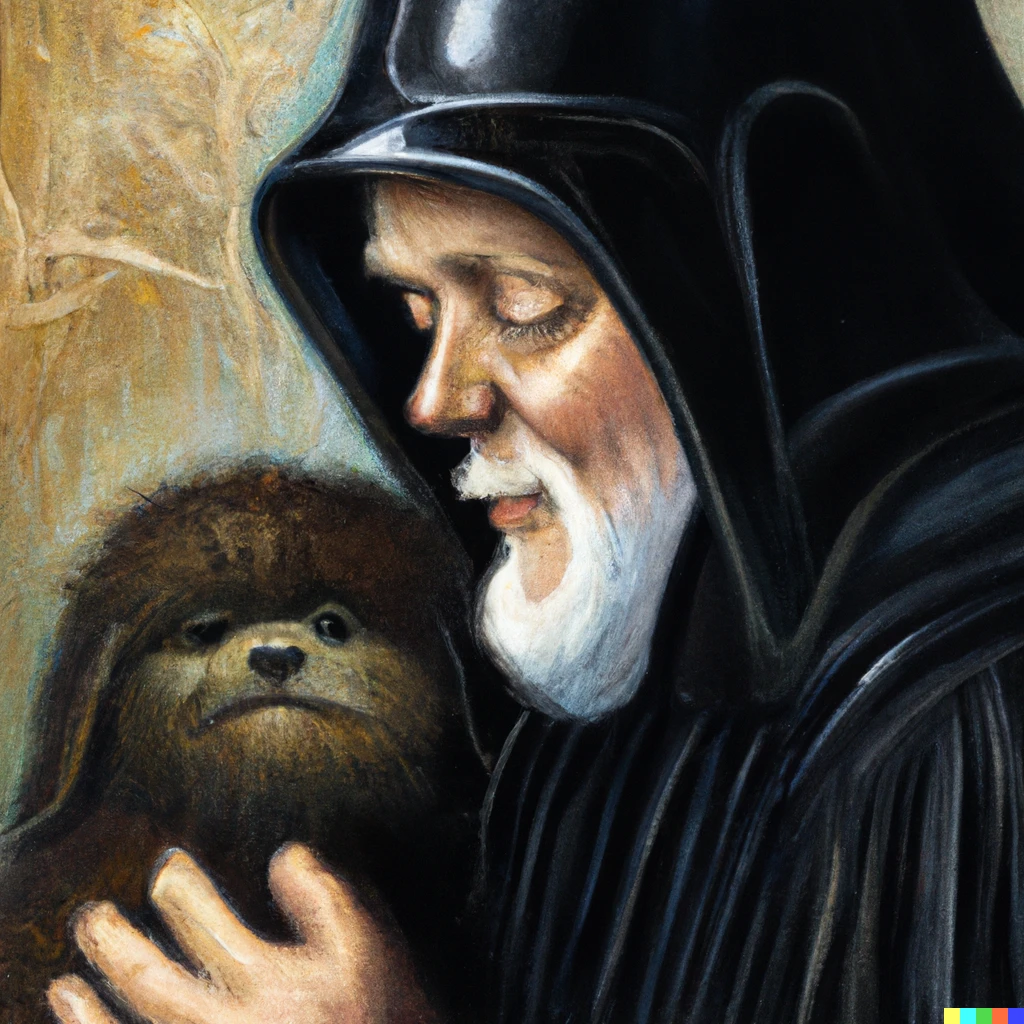 Prompt: a classical oil painting portrait of darth vader without a mask petting an ewok