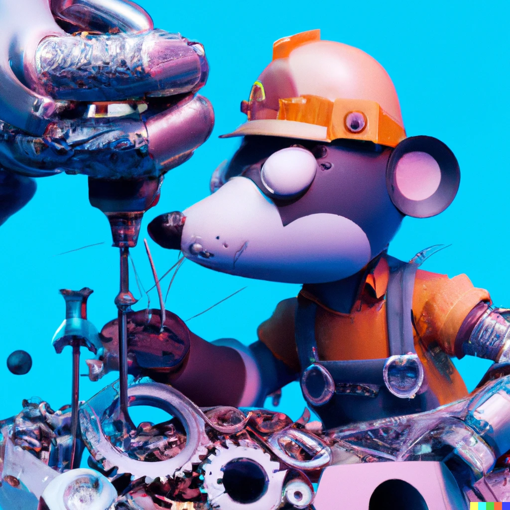 Prompt: beeple art of mechanics repairing mickey mouse head