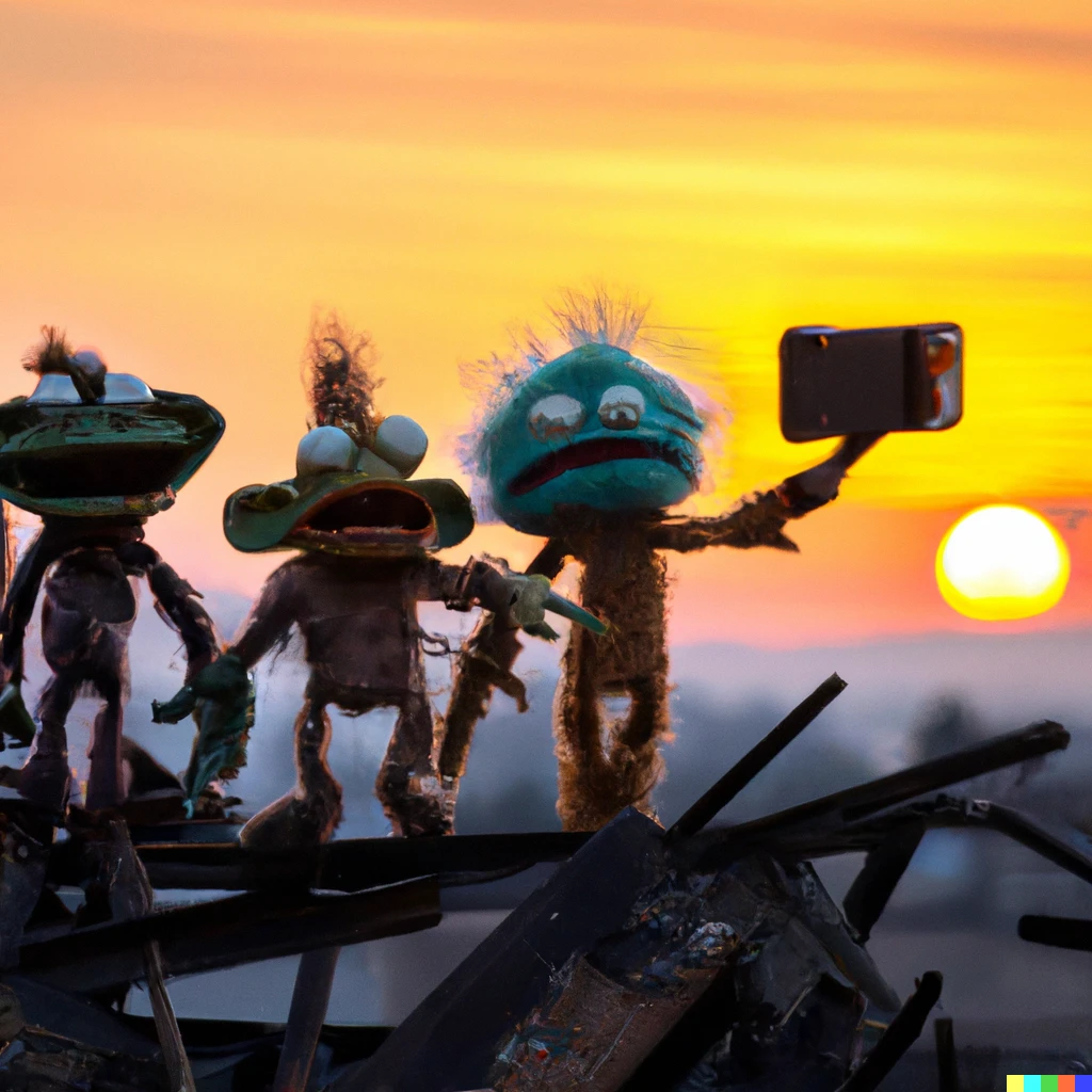 Prompt: Muppets taking selfies in post-apocalyptic Los Angeles at sunset
