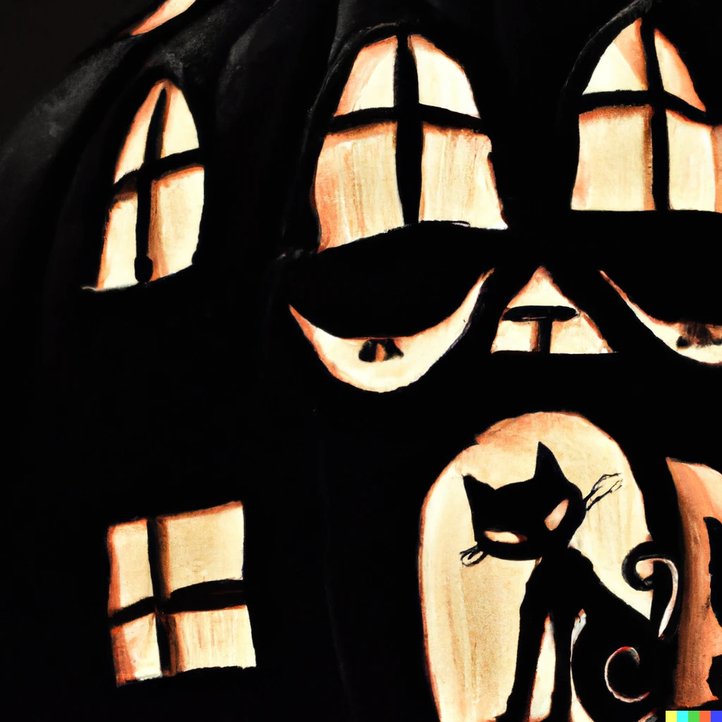 Prompt: Picture of a Black cat Carved inside of a Jack o lantern Next to haunted house
At midnight in Early Americano style