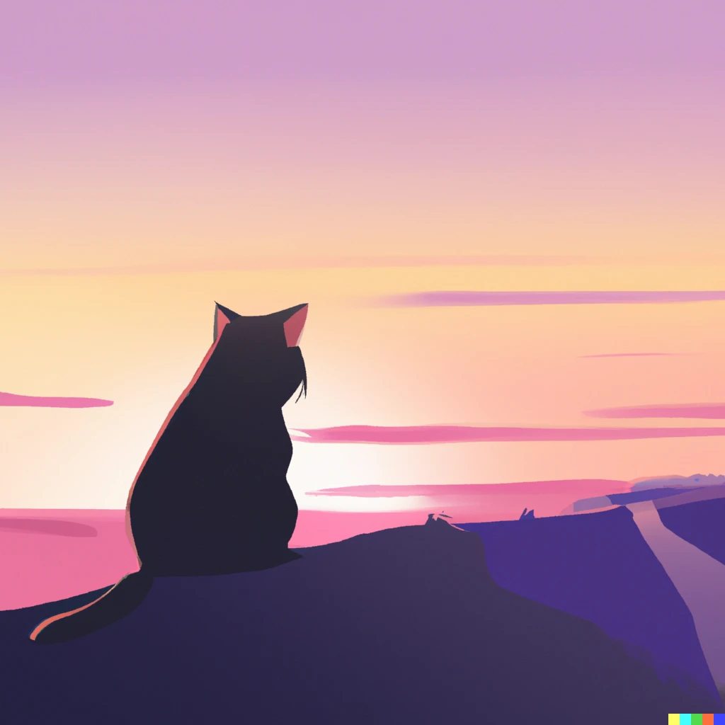Prompt: A cat sitting alone atop a hill overlooking a sunset, Anime
