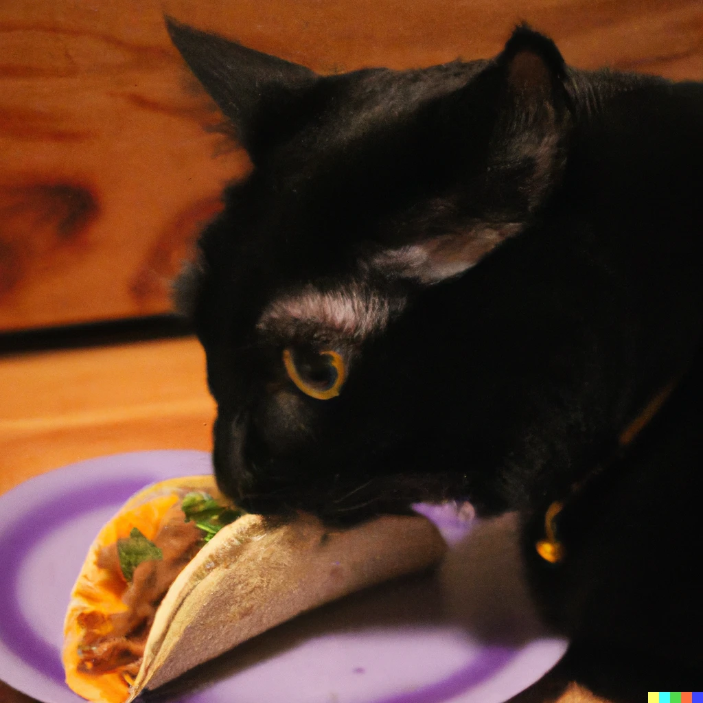 Prompt: a black cat eating a taco
