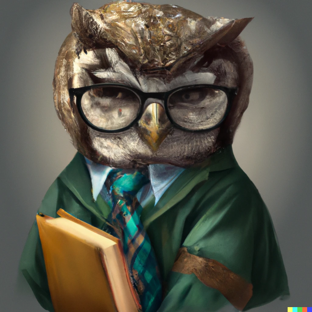 Prompt: a stern-looking owl dressed as a librarian, digital art