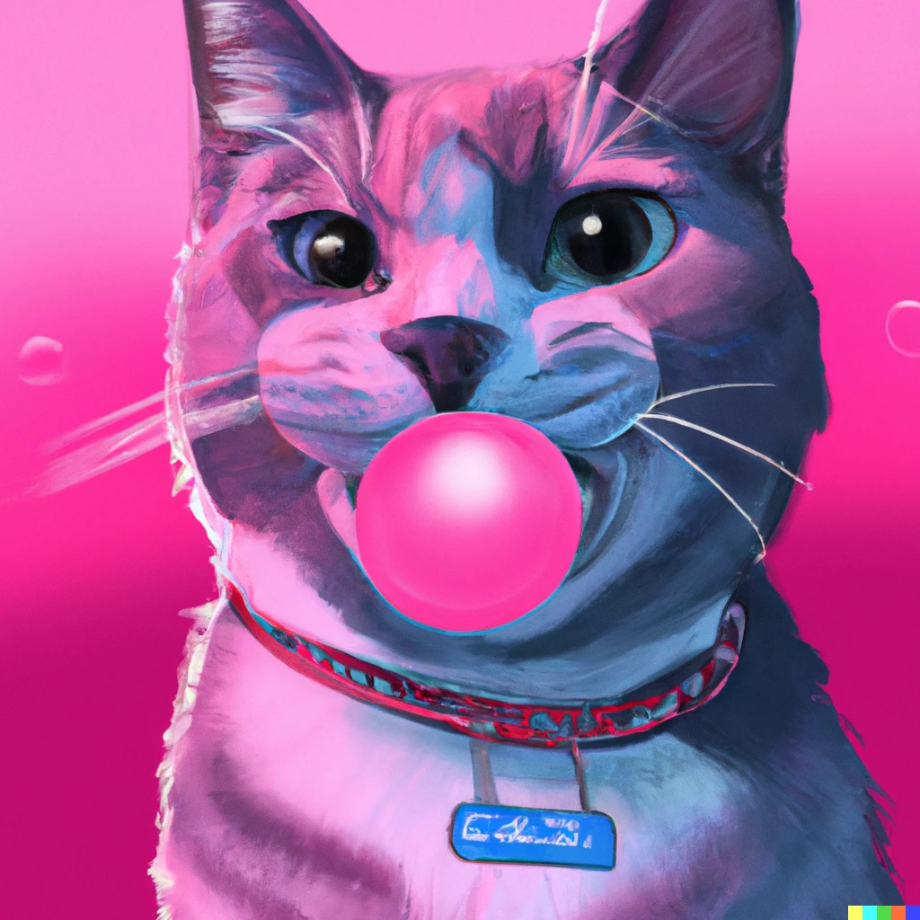 Prompt: digital art of cat chewing pink gum at an 80s party
