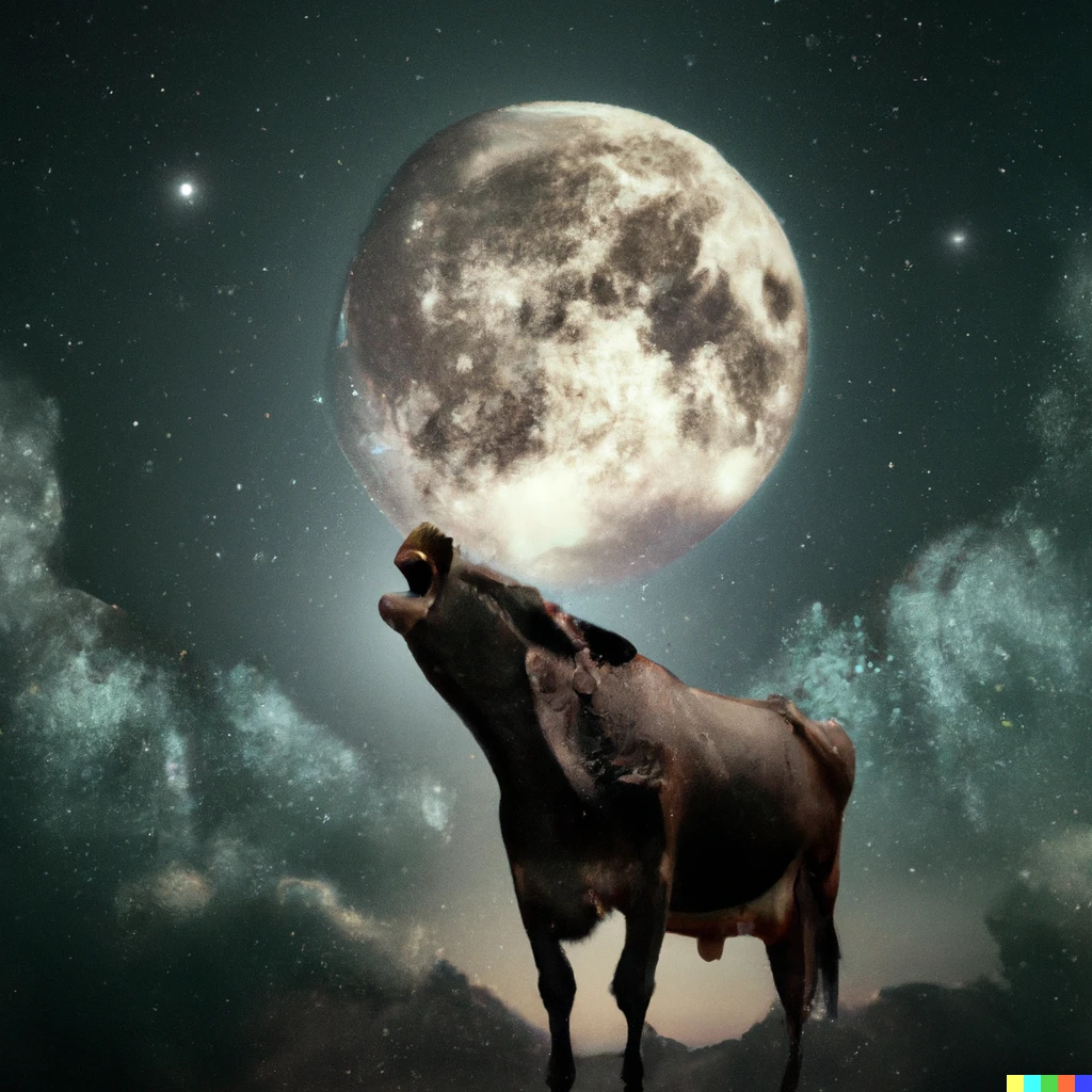 Prompt: digital art of a cow howling at the moon