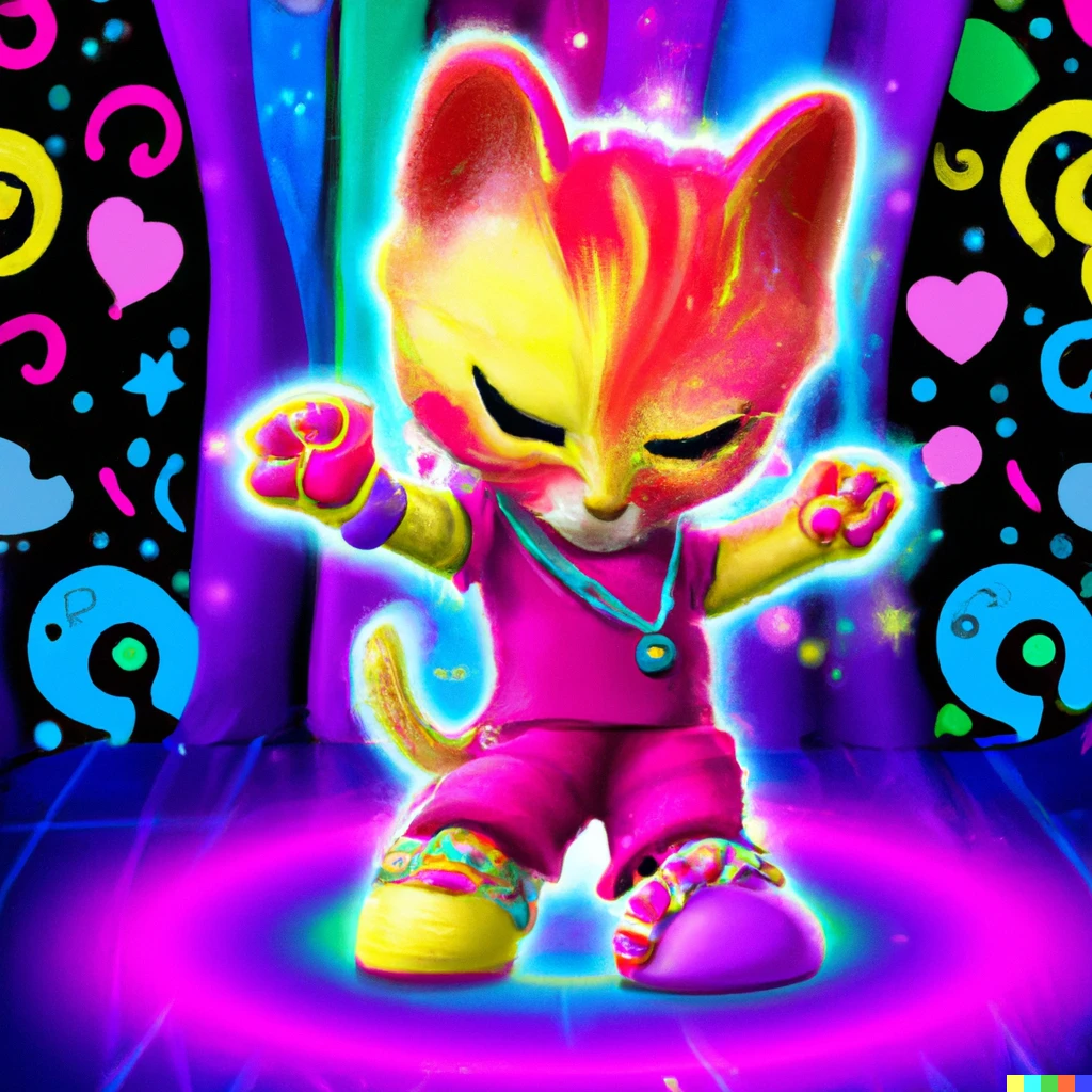 Prompt: a rainbow kitten dancing at an 80s disco