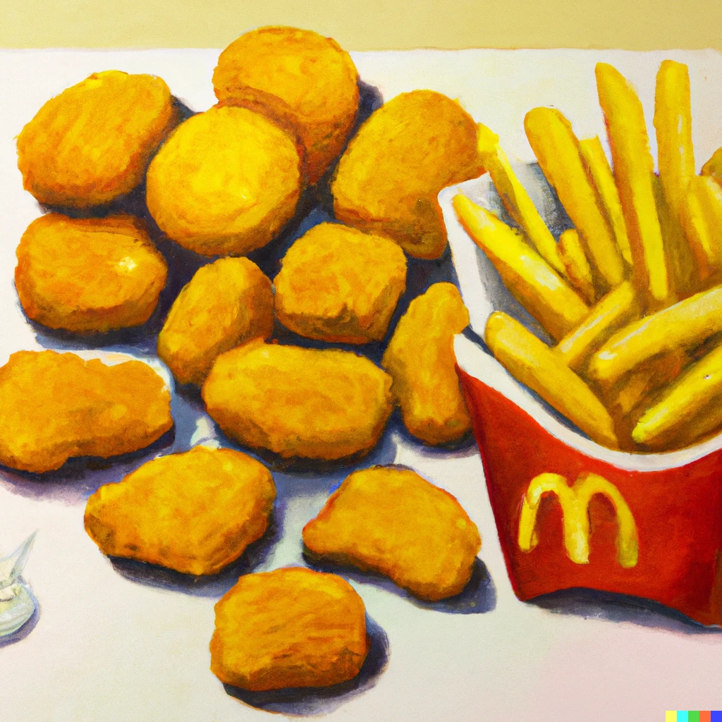 Prompt: An oil painting of mcdonald's chicken nuggets and french fries 