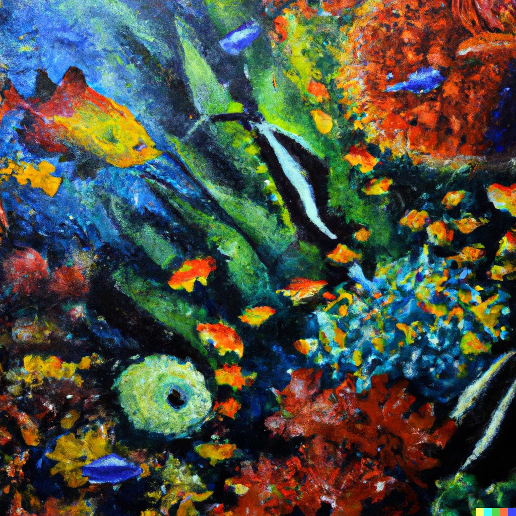 Prompt: oil painting of deep sea corals with many different type of fishes