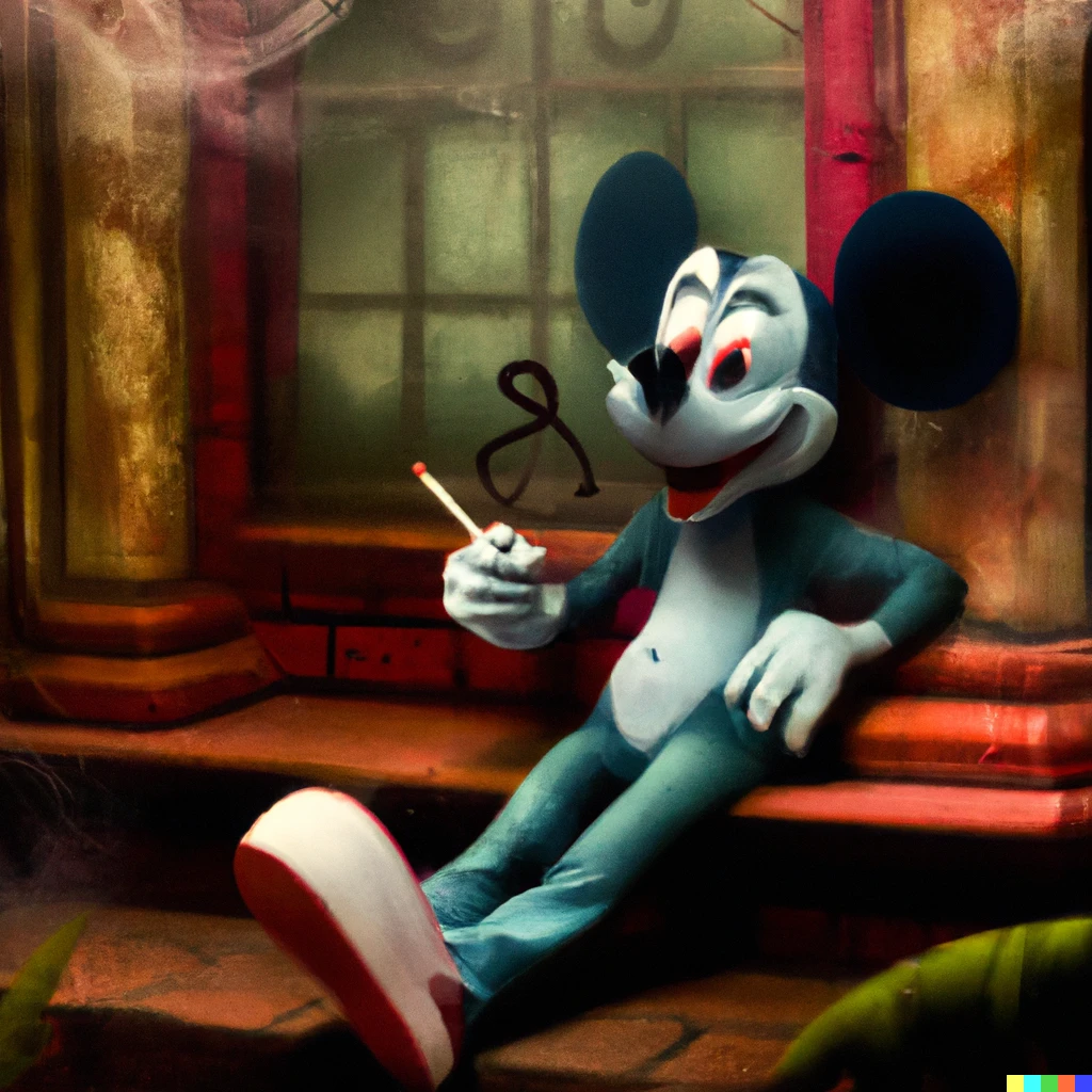 Prompt: Mickey Mouse smoking a joint in a haunted house