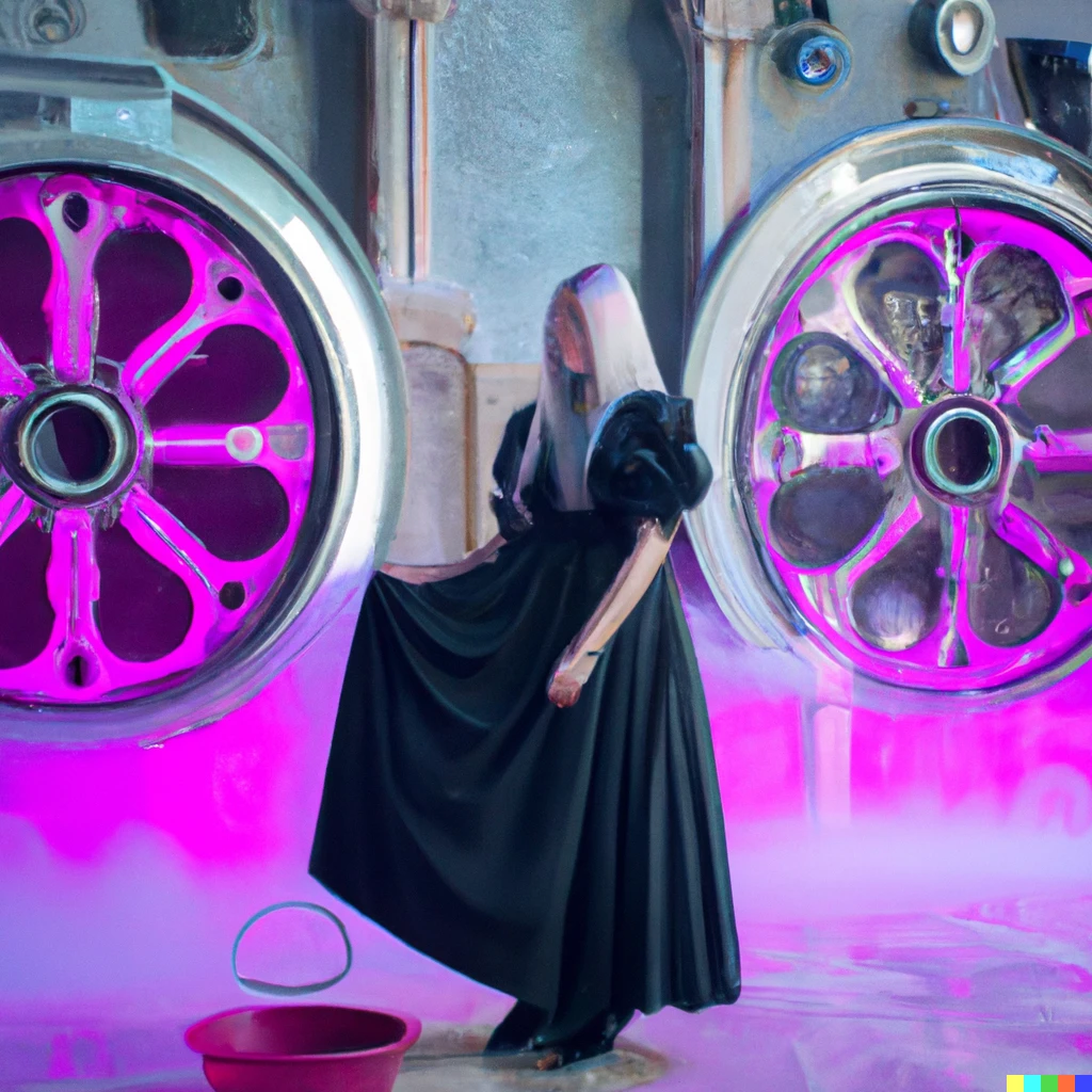 Prompt: goth lady with long white hair loading holy washing machines in a large purple cathedral