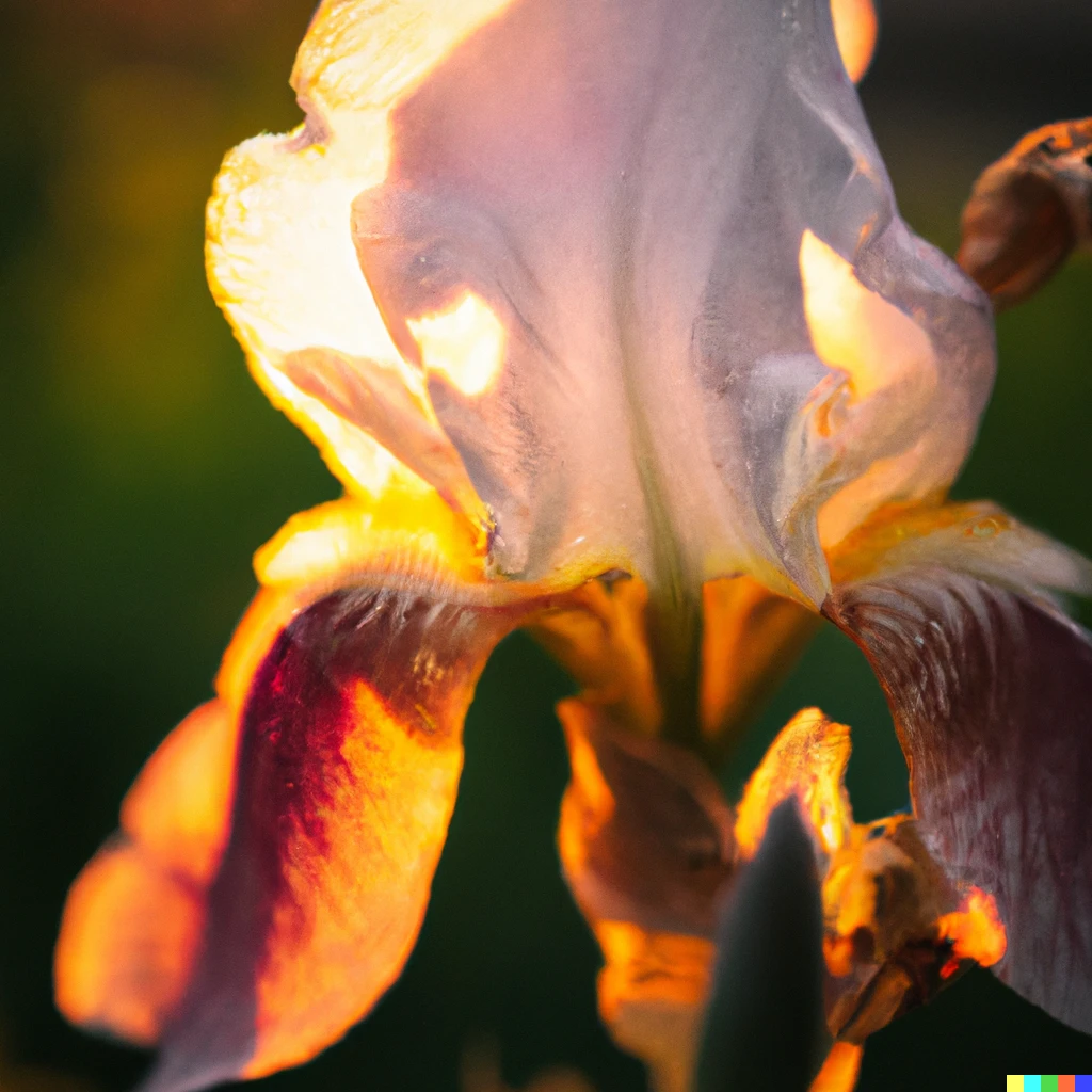 Prompt: photo of iris flower in a sun set, f/2, ISO 100, shutter speed 1/500s 