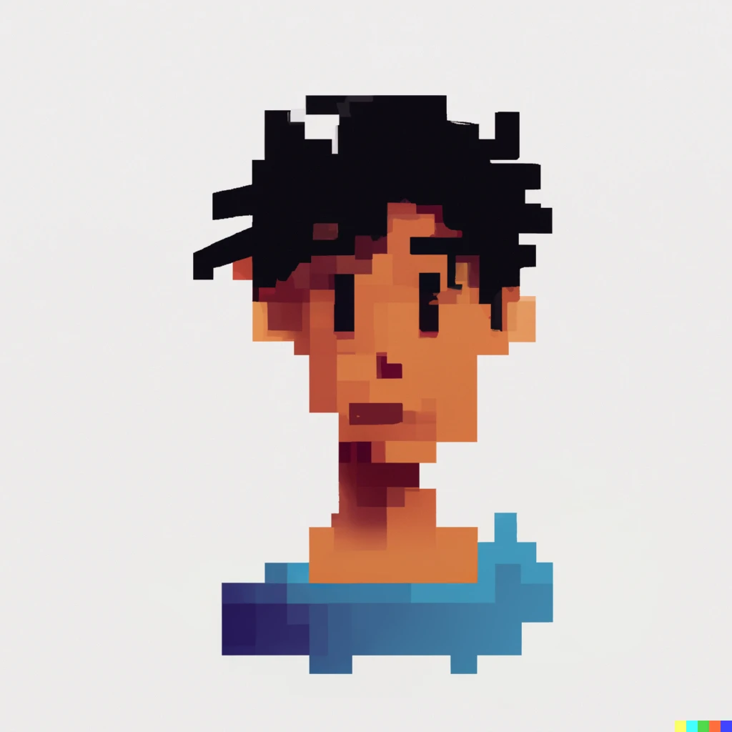 Prompt: Indian guy with curly hair wearing a blue t shirt profile picture pixel art