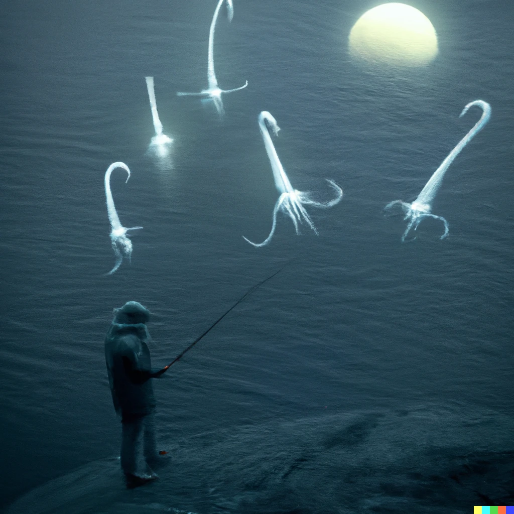 Prompt: A fisherman fishing aliens on enceladus, a realistic photograph
