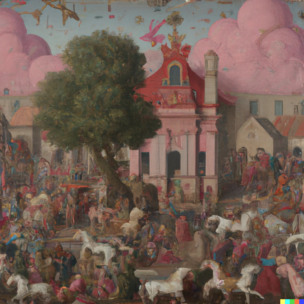 Prompt: A barroque painting of a pink trustless decentralized marketplace with unicorns