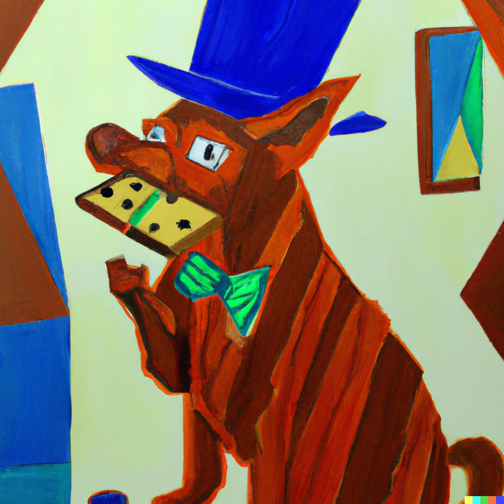 Prompt: a cubist painting of a dog with a hat solving mathematical problems while eating a cookie
