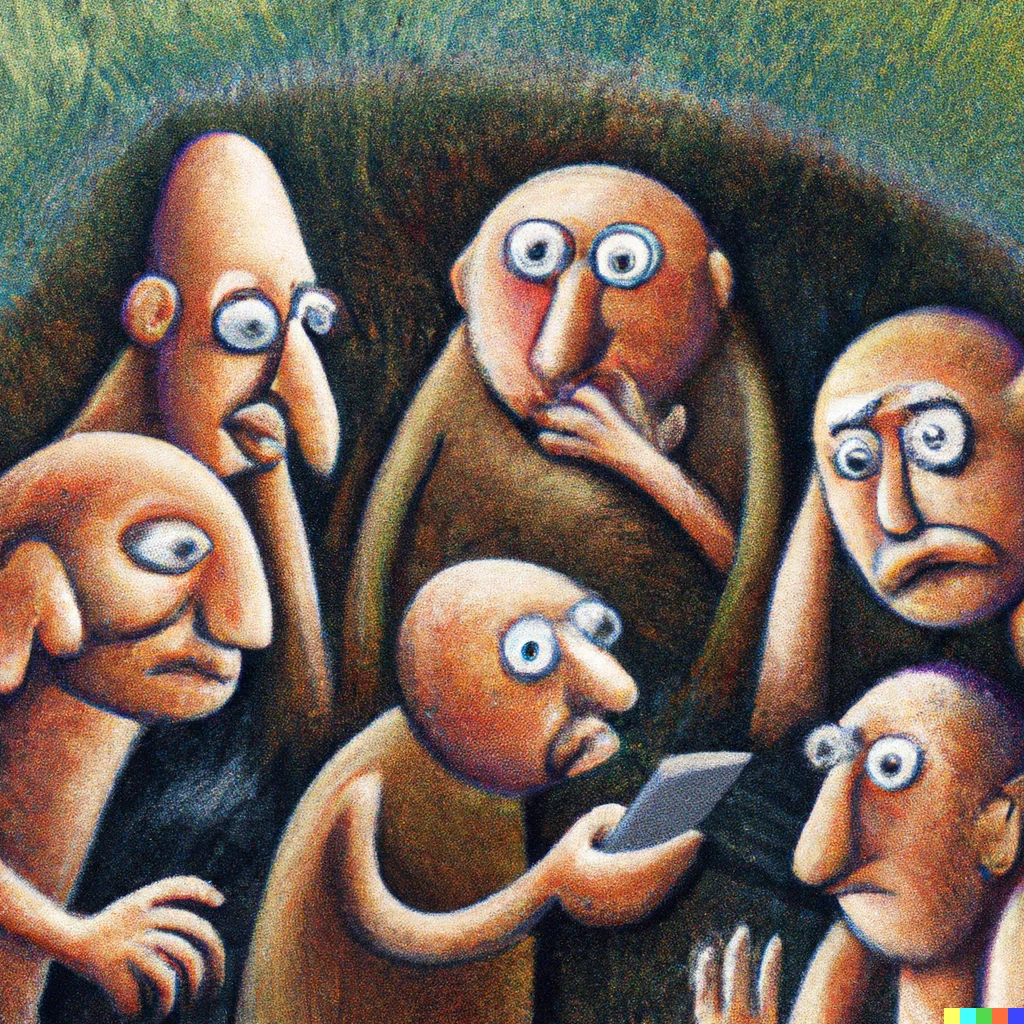Prompt: A Paleolithic painting depicting old bald people confused of internet