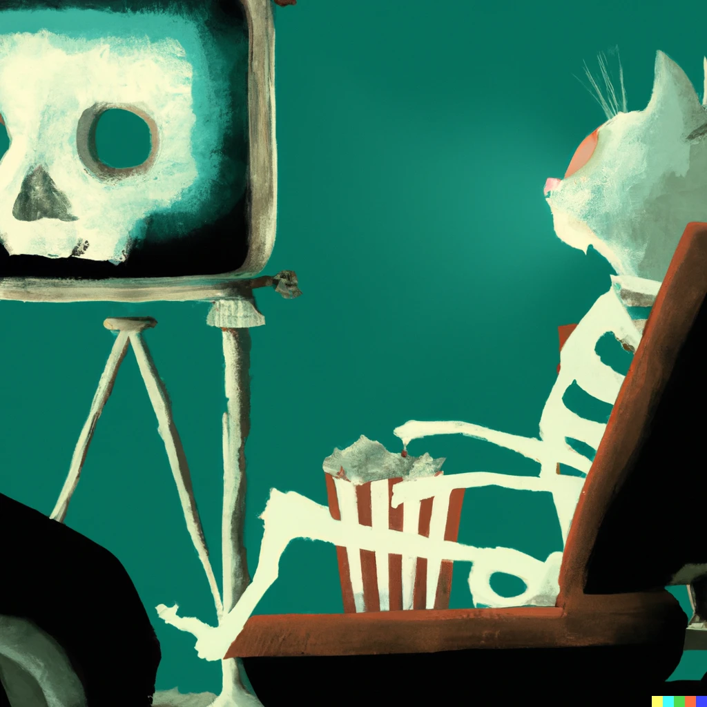 Prompt: A Cat watching a drive-in movie with a skeleton| 783