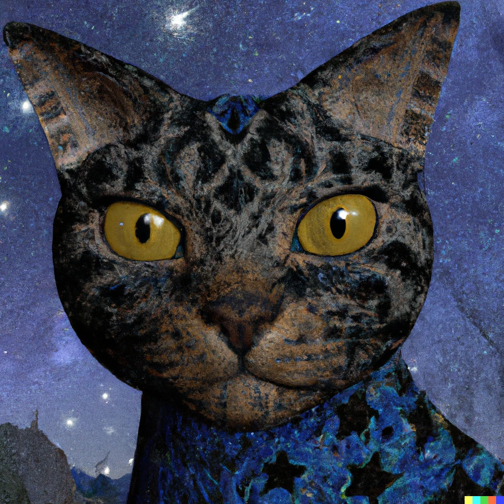 Prompt: A 3D rendering of a cat with large eyesnas Van Gogh's Starry Night