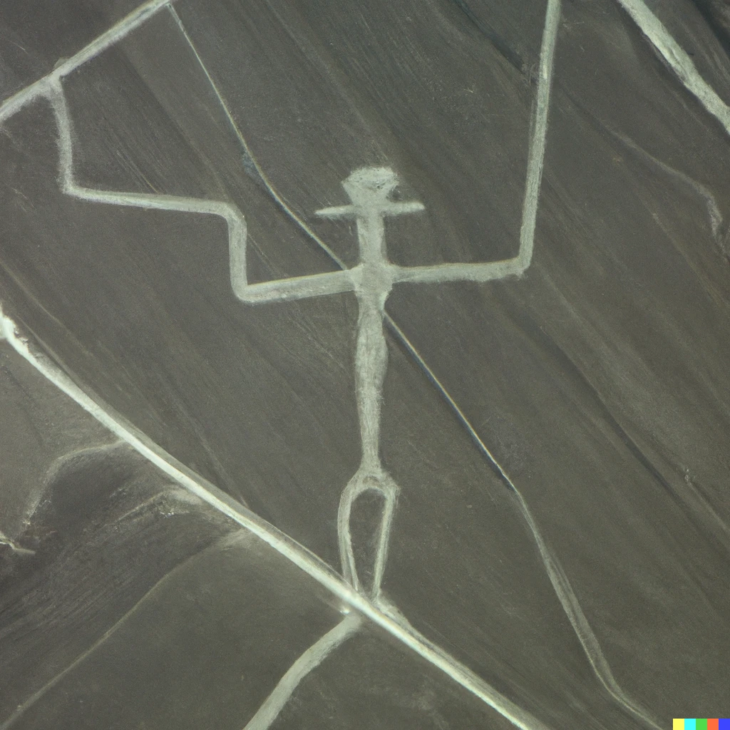 Prompt: the nazca lines depicting a humanoid alien, in the desert in Peru, photographed from the international space station